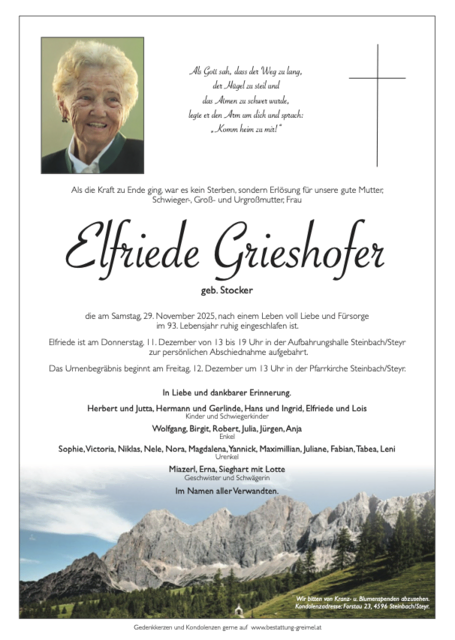 Elfriede Grieshofer ✝︎ 29.11.2025 | Foto: Bestattung Greimel