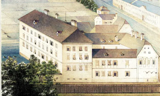 Das Bischöfliche Gymnasium Augustinum in einer frühen Bauphase: Rechts befindet sich die Grabenstraße, unten die Lange Gasse.  | Foto: Sammlung Kubinzky/Graphikverlag H. Lampel