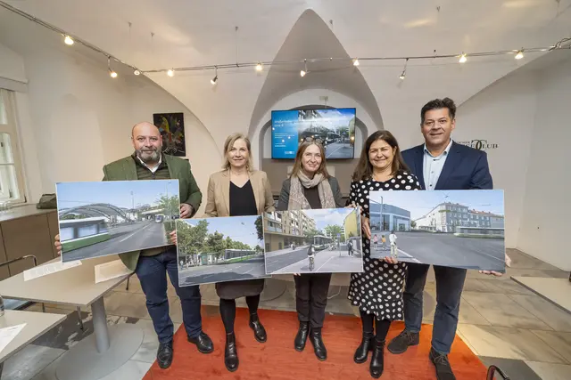 Stellten das Projekt vor: Holding-Vorstandsdirektor Mark Perz, Vizebürgermeisterin Judith Schwentner, Bürgermeisterin Elke Kahr, SPÖ-Parteivorsitzende Doris Kampus und Stadtbaudirektor Bertram Werle (v. l.)
 | Foto: Foto Fischer
