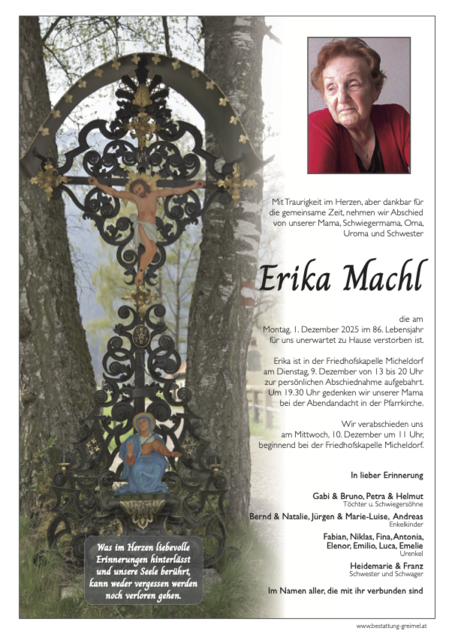 Erika Machl ✝︎ 01.12.2025 | Foto: Bestattung Greimel