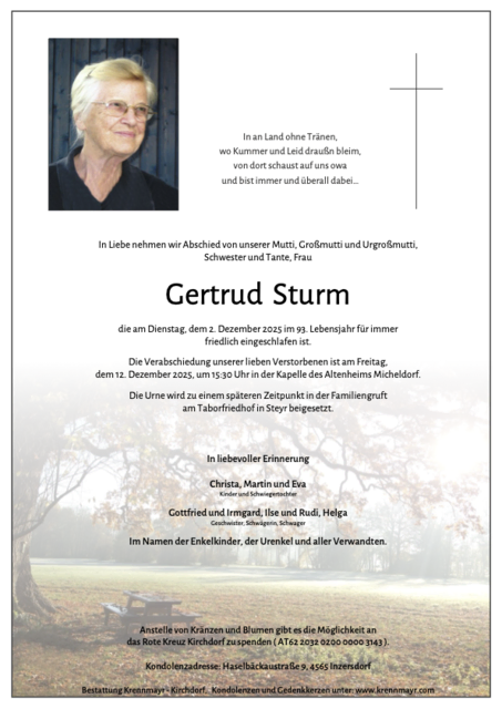 Gertrud Sturm ✝︎ 02.12.2025 | Foto: Bestattung Krennmayr