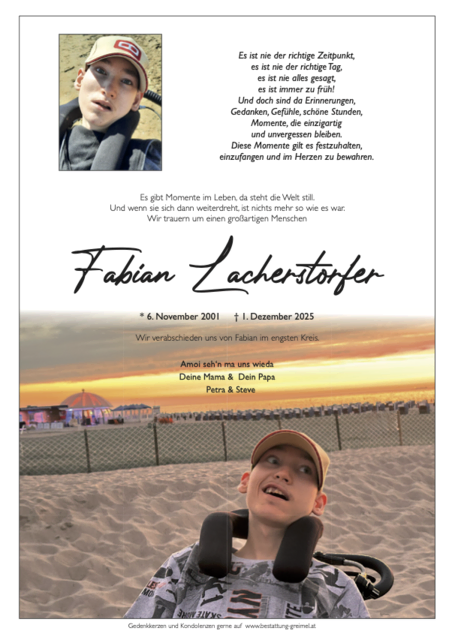 Fabian Lacherstorfer ✝︎ 01.12.2025 | Foto: Bestattung Greimel
