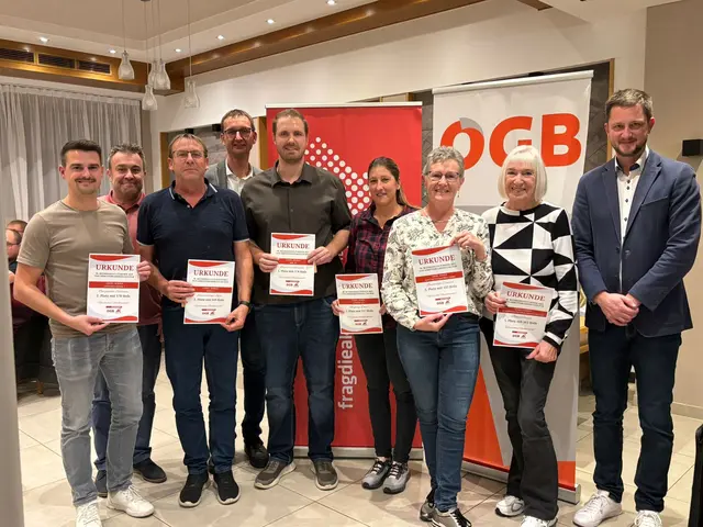 Die Siegermannschaften mit Frederik Schmidsberger (2.v.l.), Christian Jedinger (4.v.l.) und Michael Weidinger (1.v.r.). | Foto: ÖGB