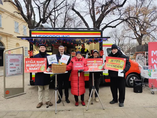Setzten für den "Samariter Suppentopf" ein Zeichen (v. l.): Ratschiller, Oliver Löhlein, Susanne Drapalik, Hosea, Roman Gregory und Georgij Makazaria. | Foto: Samariterbund/Pall