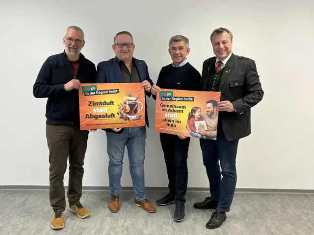 Regionalmanagement-Geschäftsführer Michael Fend, meinjob-Obmann Manfred Walter, Landtagsabgeordneter Franz Fartek und Wirtschaftskammer-Regionalstellenleiter Thomas Heuberger (v. l.) werben für den Job vor der Haustür. | Foto: WKO Regionalstelle Südoststeiermark