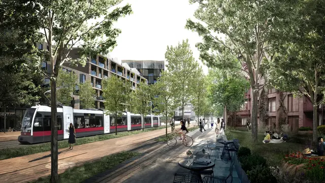 Eine Visualisierung der künftigen Hirschstettner Hauptallee. Für das Leitbild des Stadtquartiers Am Heidjöchl möchte man Feedback aus der Bevölkerung. | Foto: Visualisierung: Samuel Llovet Montardit/Paloma Mosto Zavala