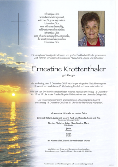 Ernestine Krottenthaler ✝︎ 05.12.2025 | Foto: Bestattung Greimel