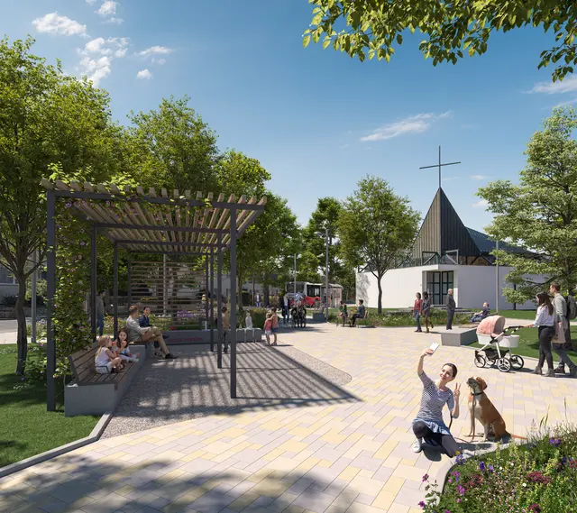 Süßenbrunn:
Der große Parkplatz bei der Kirche in Süßenbrunn soll zum Dorfplatz werden. | Foto: JAMJAM – C. Schön GmbH – Kreativagentur für Immobilien