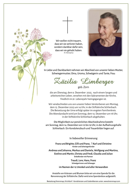 Zäzilia Limberger ✝︎ 09.12.2025 | Foto: Bestattung Krennmayr