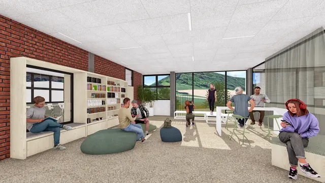 Visualisierung Marktplatz. 
Jede der drei Etage bietet Raum für je vier Stammklassen und einen gemeinsamen „Marktplatz“. Darunter versteht man eine offene Lernlandschaft, die zum Differenzieren oder Vertiefen von Unterricht zur Verfügung steht. Diese Marktplätze öffnen die bisher oft dunklen Gänge des Hauses nach außen und bringen Licht herein. | Foto: F2 Architekten ZT GmbH