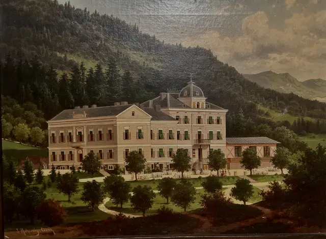 Das Ölgemälde aus der Sammlung Kubinzky zeigt die Kuranstalt Eggenberg um das Jahr 1900. Es stammt aus der Hand von Josef Mahorcig, der das Gebäude fast fotografisch dokumentierte. | Foto: Sammlung Kubinzky/Josef Mahorcig