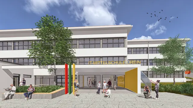 Visualisierung Eingangsbereich. Der neue Eingangsbereich der MS Grein &amp; Poly Grein.  | Foto: F2 Architekten ZT GmbH