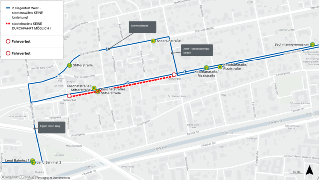  Die Umleitung der Linie 2. | Foto: Stadtwerke Klagenfurt