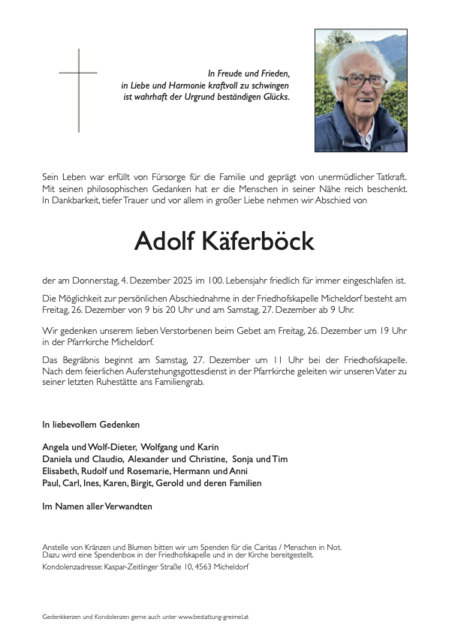 Adolf Käferböck ✝︎ 04.12.2025 | Foto: Bestattung Greimel