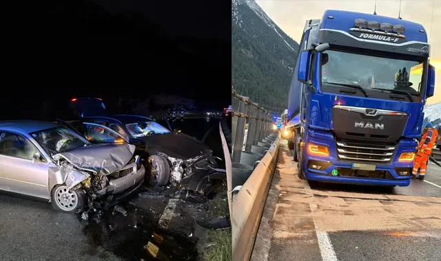 Die Unfallstelle auf der B179 bei Heiterwang nach der Frontalkollision zweier Pkw, bei der auch zwei Lkw beschädigt wurden. Rettungskräfte und Feuerwehr waren im Einsatz. | Foto: ZOOM.TIROL