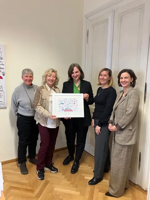 Kathrin Liebing/Fachsupport Young, Landesrätin Eva Prischl, Margot Müller/Geschäftsführung Young, Barbara Bischofberger/Fachliche Leitung Young, Sandra Leeb/Fachliche Leitung Young. | Foto: Young