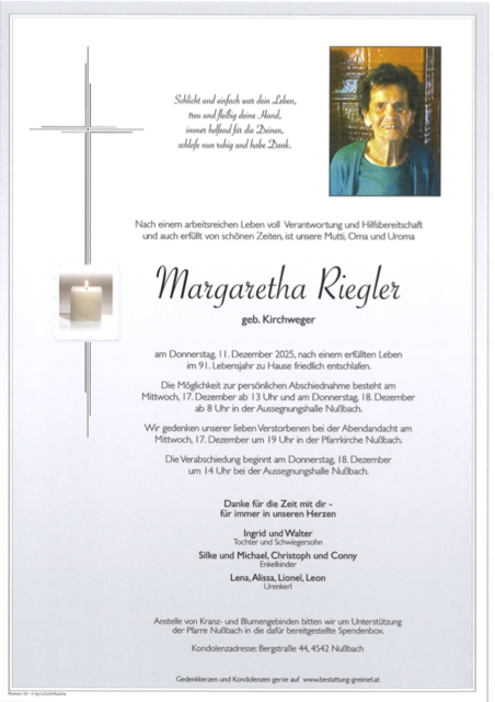 Margaretha Riegler ✝︎ 11.12.2025 | Foto: Bestattung Greimel