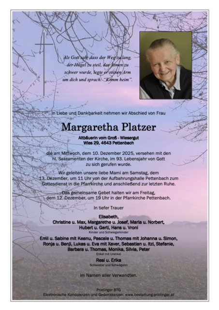 Margaretha Platzer ✝︎ 10.12.2025 | Foto: Bestattung Prielinger