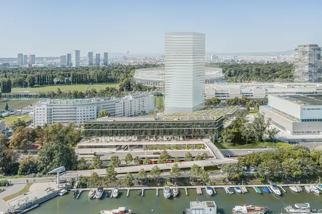 So soll sich der Fernbusterminal ab 2029 präsentieren. Hinten erkennt man den Hotelbau, vorne, in Richtung Ufer, der zweigeschoßige Zubau. (Rendering) | Foto: 2025 ZOOMVP, Burtscher Durig ZT GmbH