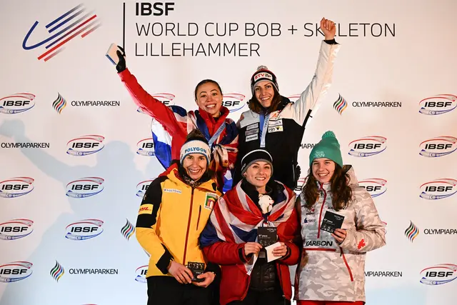 Die Top-6 der Damen beim Skeleton-Weltcup in Lillehammer: Freya Tarbit, Jacqueline Pfeifer, Siegerin Janine Flock, Kim Meylemans, Tabitha Stoecker und Hallie Clarke. | Foto: IBSF