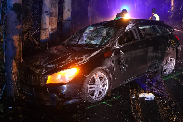 Nach dem Aufprall gegen mehrere Bäume kam der völlig zerstörte Pkw erst im Waldstück neben der Grub-Mallinger-Straße zum Stillstand. | Foto: laumat/Matthias Lauber