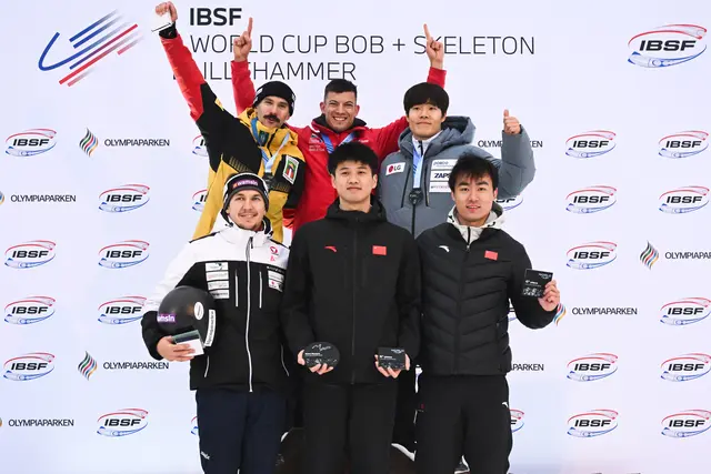 Die Top-6 der Herren beim Skeleton-Weltcup in Lillehammer: Axel Jungk, Sieger Matt Weston, Qinwei Lin, Samuel Maier, Seunggi Jung und Zheng Yin. | Foto: IBSF