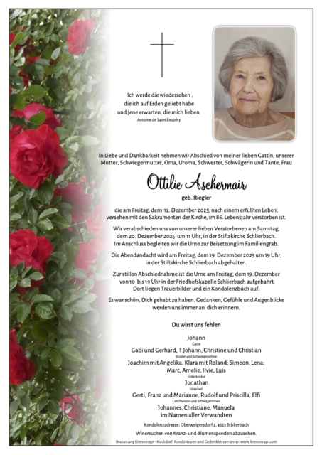 Ottilie Aschermair ✝︎ 12.12.2025 | Foto: Bestattung Krennmayr