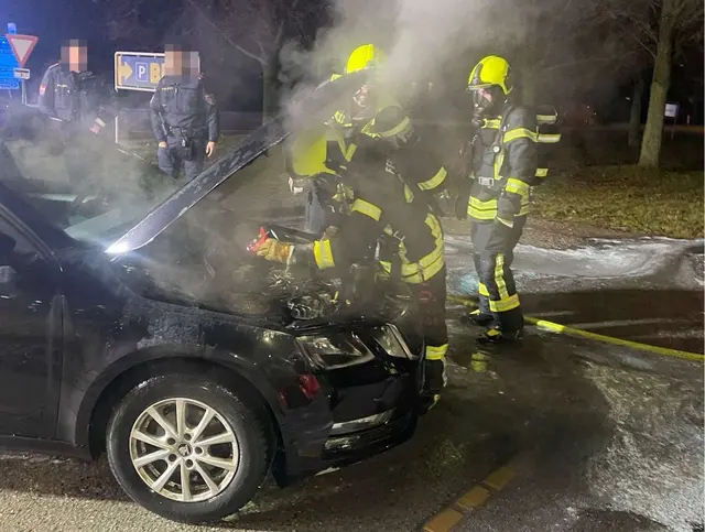 Die Feuerwehr Göllersdorf bei den Löscharbeiten am brennenden Fahrzeug. | Foto: Doku-NÖ