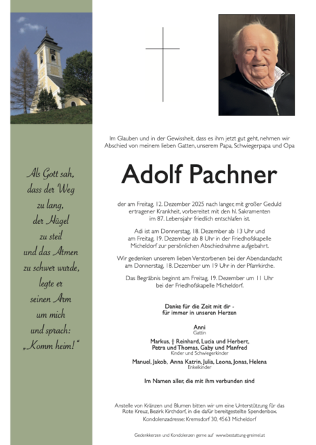 Adolf Pachner ✝︎ 12.12.2025 | Foto: Bestattung Greimel
