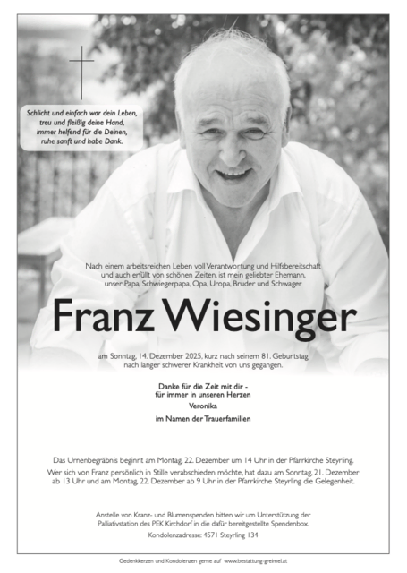 Franz Wiesinger ✝︎ 14.12.2025 | Foto: Bestattung Greimel