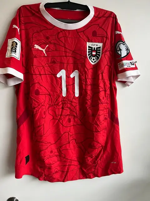 Das Original-Trikot von Michael Gregoritsch mit dem er Österreich gegen Bosnien-Herzegowina zur Fußball-WM schoss. Das Trikot bekam sein Freund "Miki" Postmann bei einem Besuch in Brönby.  | Foto: Miki Postmann