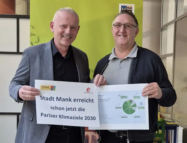 Martin Leonhardsberger und Johann Buresch freuen sich über den Meilenstein bei den Manker Umweltbemühungen. | Foto: Stadtgemeinde Mank
