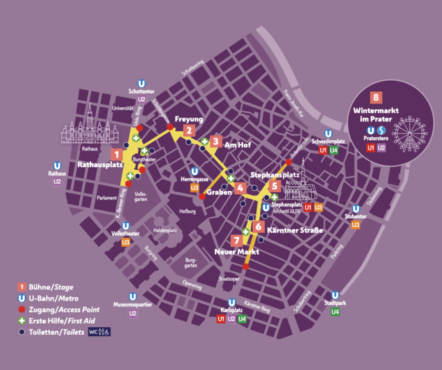 Die Orte des Wiener Silvesterpfads 2025. | Foto: Screenshot Stadt Wien