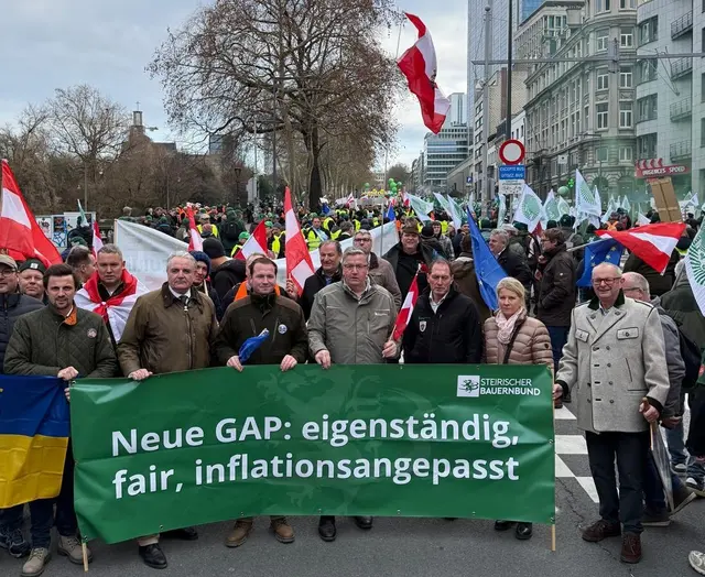 Bauernbund-Direktor Bernd Brodtrager und Landwirtschaftskammer-Präsident Andreas Steinegger mit Vertretern Österreichs bei den Protesten in Brüssel.

  | Foto: Steirischer Bauernbund