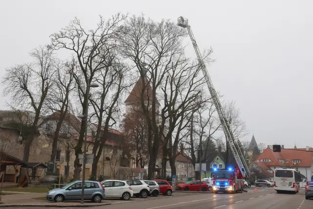 Mittels Kran holte die Feuerwehr die Drohne vom Baum herunter. | Foto: laumat/Matthias Lauber |