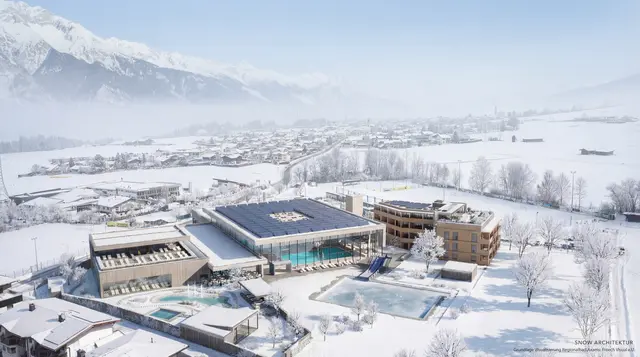 So soll es in Zukunft aussehen: Das neue Regionalbad steht im Zentrum und anschließend an das Ruifachstadion entsteht das neue Hotel. | Foto: Visualisierung Snow Architektur 
