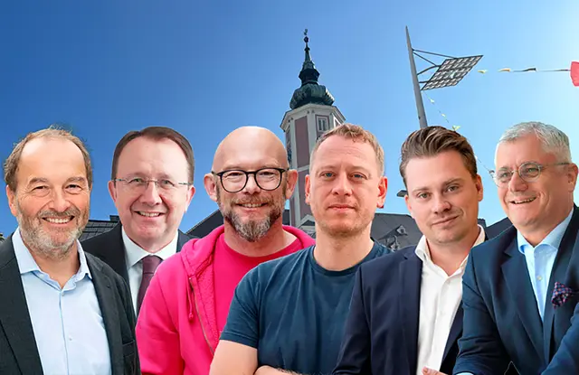 Walter Heimerl-Lesnik, Matthias Stadler, Bernd Pinzer, Max Zirngast, Florian Krumböck und Martin Antauer. | Foto: Foto: MeinBezirk/FPÖ/ÖVP/SPÖ/GRÜNE/KPÖ/NEOS