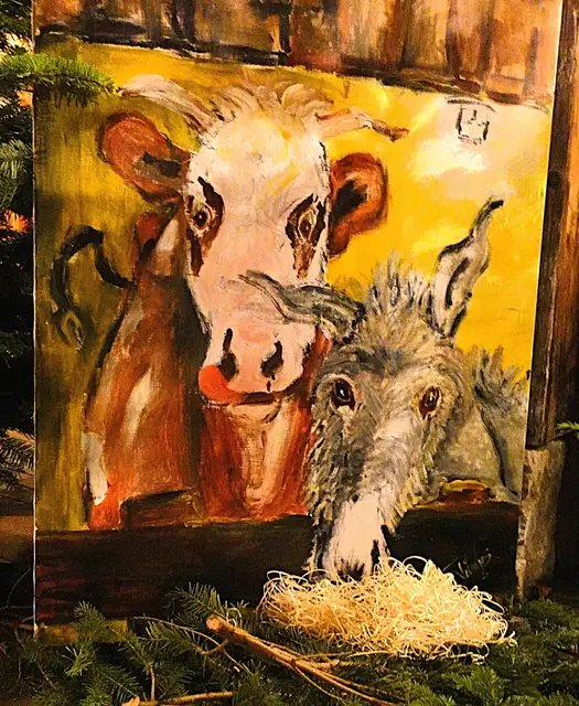 Das Kunstwerk (Mundmalerei) von Mundmaler Paulus Ploier (www.paulus-art.at) mit dem Titel "Auch Ochs und Esel sind begeistert" war bei der Neuinszenierung der Weihnachtsgeschichte, der Performance von Monika Ploier, ein ganz besonderer Hingucker der vielen Besucher/innen. | Foto: www.paulus-art.at