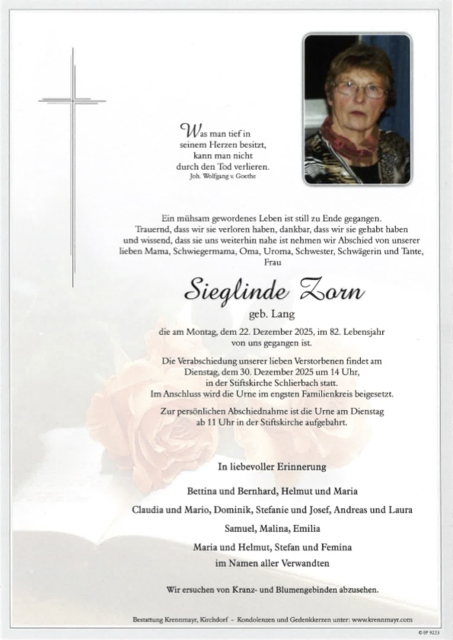Sieglinde Zorn ✝︎ 22.12.2025 | Foto: Bestattung Krennmayr