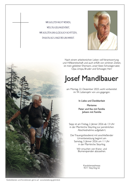 Josef Mandlbauer ✝︎ 22.12.2025 | Foto: Bestattung Greimel
