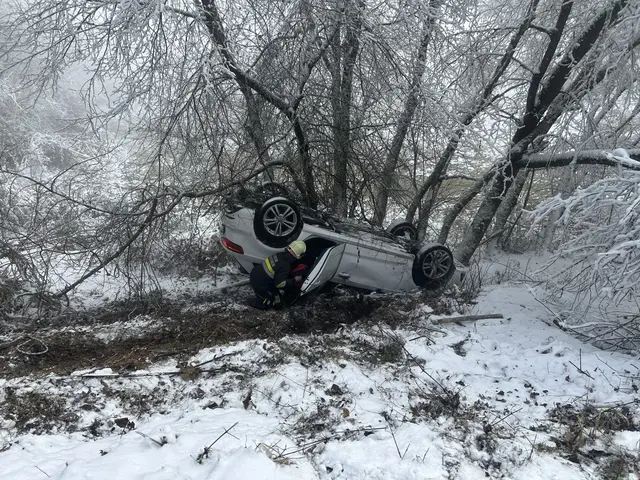 Das Fahrzeug blieb zwischen Bäumen hängen und kam auf dem Dach liegend zum Stillstand. | Foto: Feuerwehr Völkermarkt