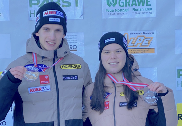 Alina Schaffenrath und Paolo Auer (beide SV Ried im Oberinntal) jubelten im Rodelzentrum Winterleiten über ihre Premieren-Podestplätze im Alpin Rodel-Junioren-Weltcup. | Foto: Taucher