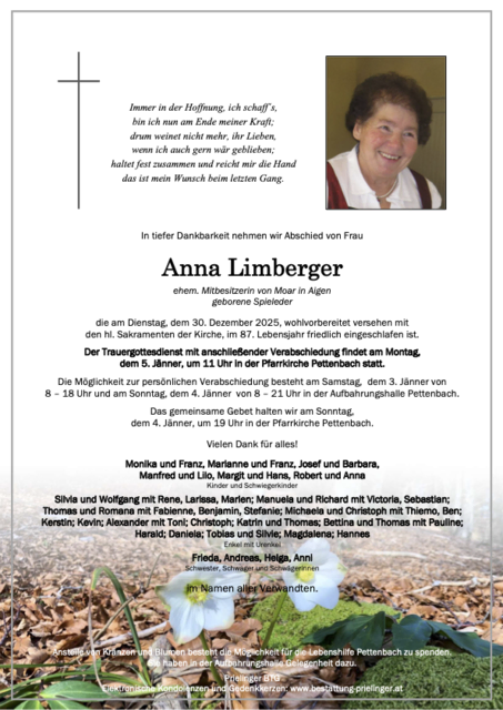 Anna Limberger ✝︎ 30.12.2025 | Foto: Bestattung Prielinger