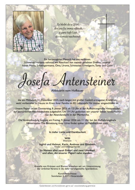 Josefa Antensteiner ✝︎ 31.12.2025 | Foto: Bestattung Greimel