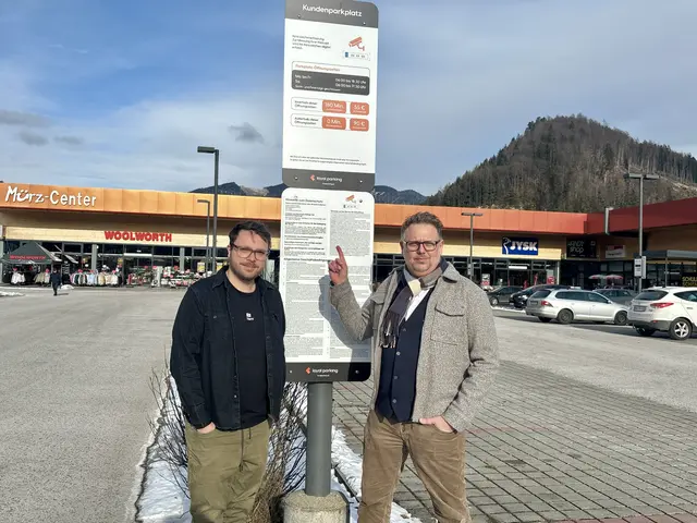 Die Shop-Betreiber Dominik Köck und Josef Zwing vor zwei der Schilder, die auf die Parkraumüberwachung beim Mürz-Center in Mürzzuschlag hinweisen.  | Foto: MeinBezirk/Angelina Koidl