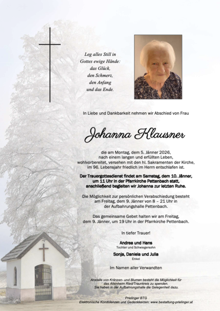 Johanna Klausner ✝︎ 05.01.2026 | Foto: Bestattung Prielinger