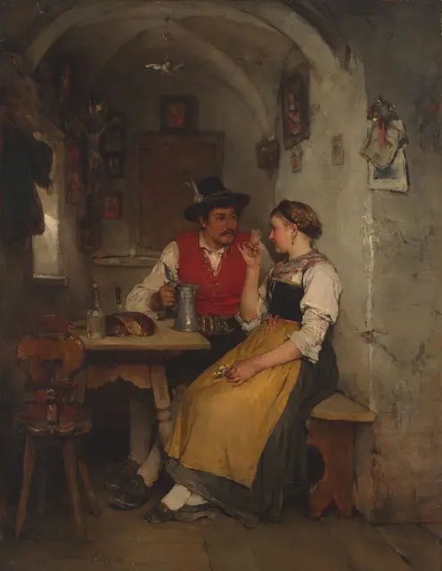Titel: "I sich di". Der Genremaler Mathias Schmid fand seinen Weg in den Realismus und verewigte Momente im Tiroler Alltag. Heute begegnet uns der Maler durch die Straße im Stadtteil Dreiheiligen, welche nach ihm benannt wurde.  | Foto: Gerhard Gottstein/Verwalter des Vermächtnisses von Mathias Schmid