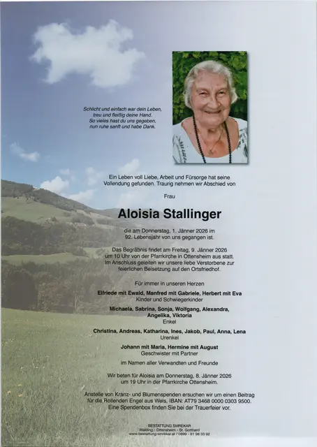 Aloisia Stallinger aus Ottensheim, ✝︎ 91 Jahre | Foto: Bestattung Smrekar