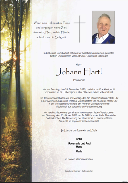 Johann Hartl aus Engerwitzdorf, ✝︎ 96 Jahre | Foto: Bestattung Holzinger