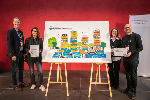 Überreichung der Pionierstadt-Plakette beim Dialogforum in Innsbruck; im Bild von links: Mödlings Energie-Beauftragter Daniel Rotter, Planungsreferats-Leiterin Marita Widmann, Umweltbeauftragte Dagmar Schober und Vizebürgermeister Rainer Praschak. | Foto: privat